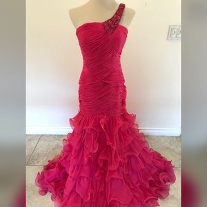 Fuchsia One-Shoulder Gown with Ruffles